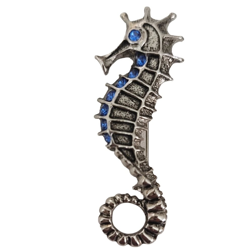 1928 Jewelry Silver Tone Blue Rhinestone Seahorse Brooch Pin, Signed